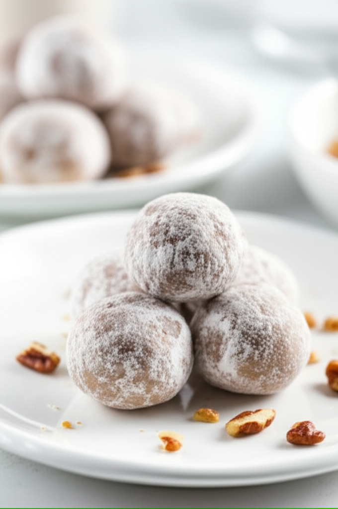 Powdered sugar-covered bourbon balls piled on a white plate, garnished with pecan pieces.