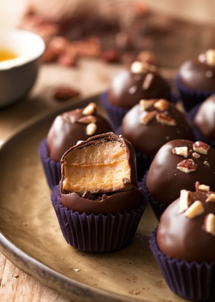 Chocolate-covered bourbon balls in purple paper cups, one cut open to show filling, topped with chopped nuts.