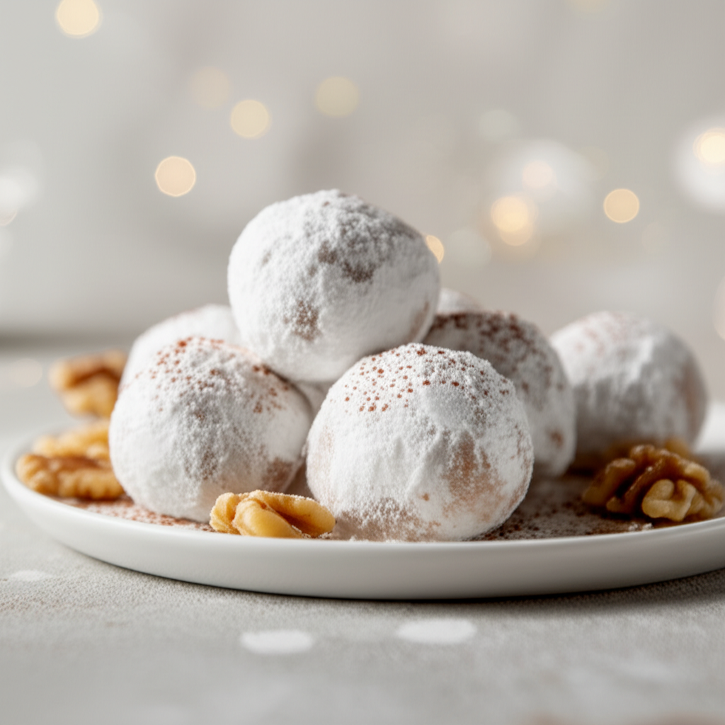 Cognac balls dusted with powdered sugar on a white plate, garnished with walnuts and cocoa powder.