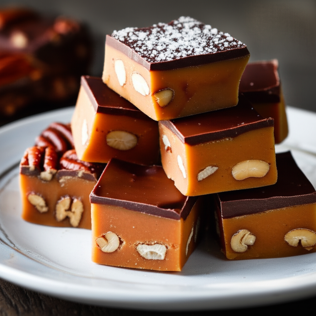 Stacked toffee squares with chocolate topping and nuts on a white plate.