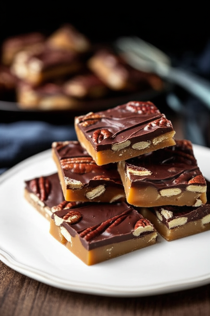 Stack of square toffee pieces with chocolate topping and pecan halves on a white plate.