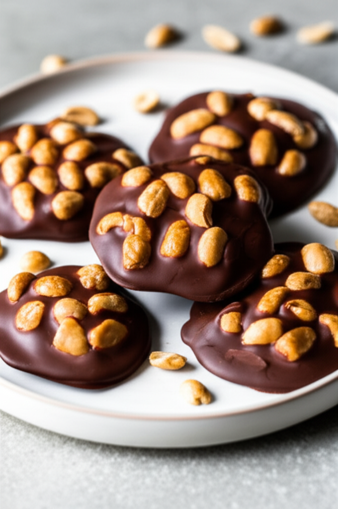 Shiny chocolate clusters topped with peanuts on a white plate.