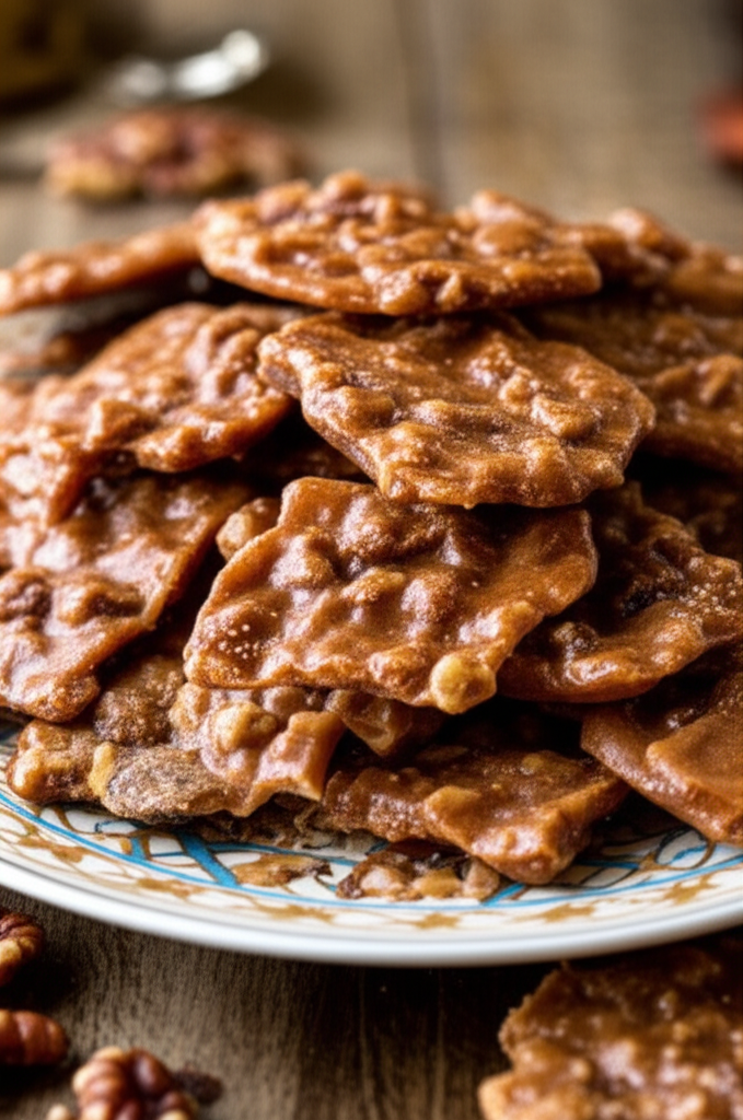 Pile of crunchy, golden-brown cinnamon candy with nuts on a decorative plate.
