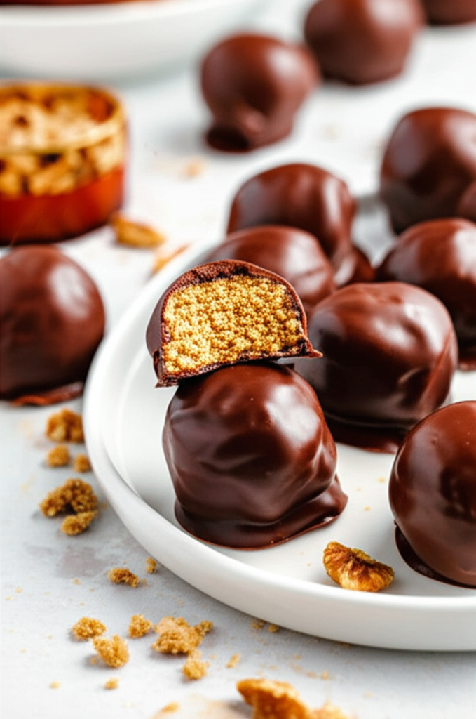 Chocolate-covered candy balls on a white plate, one cut in half to show a golden, honeycomb-like interior.