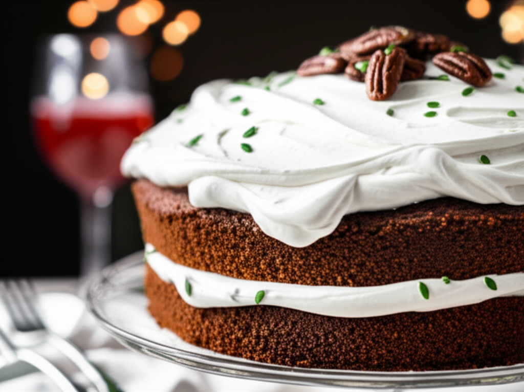 Two-layer chocolate cake with white frosting, pecan topping, and green sprinkles on a glass stand.
