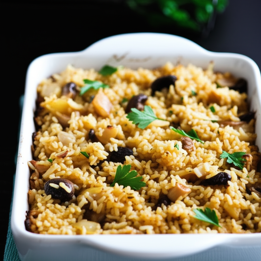 Baked rice casserole in white dish, with mushrooms, onions, and parsley garnish.