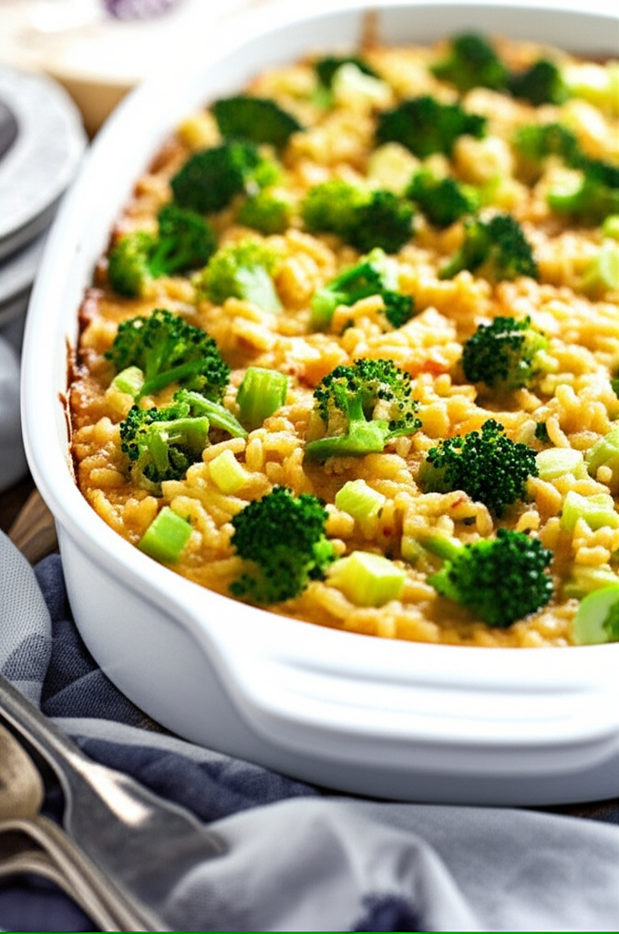Baked broccoli and rice casserole in a white dish, topped with broccoli florets.