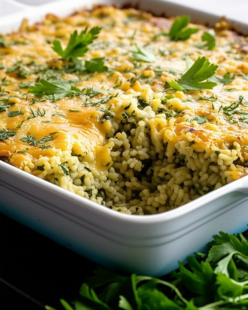 Baked green rice casserole with melted cheese and parsley garnish in a white dish.