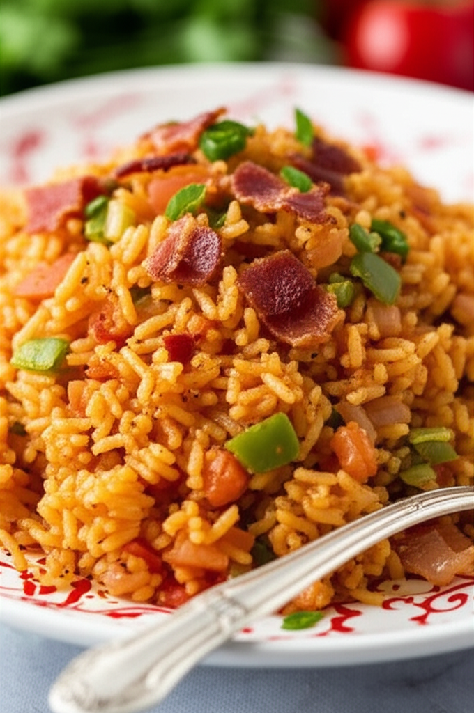 Spanish rice on a plate, topped with bacon and green peppers.