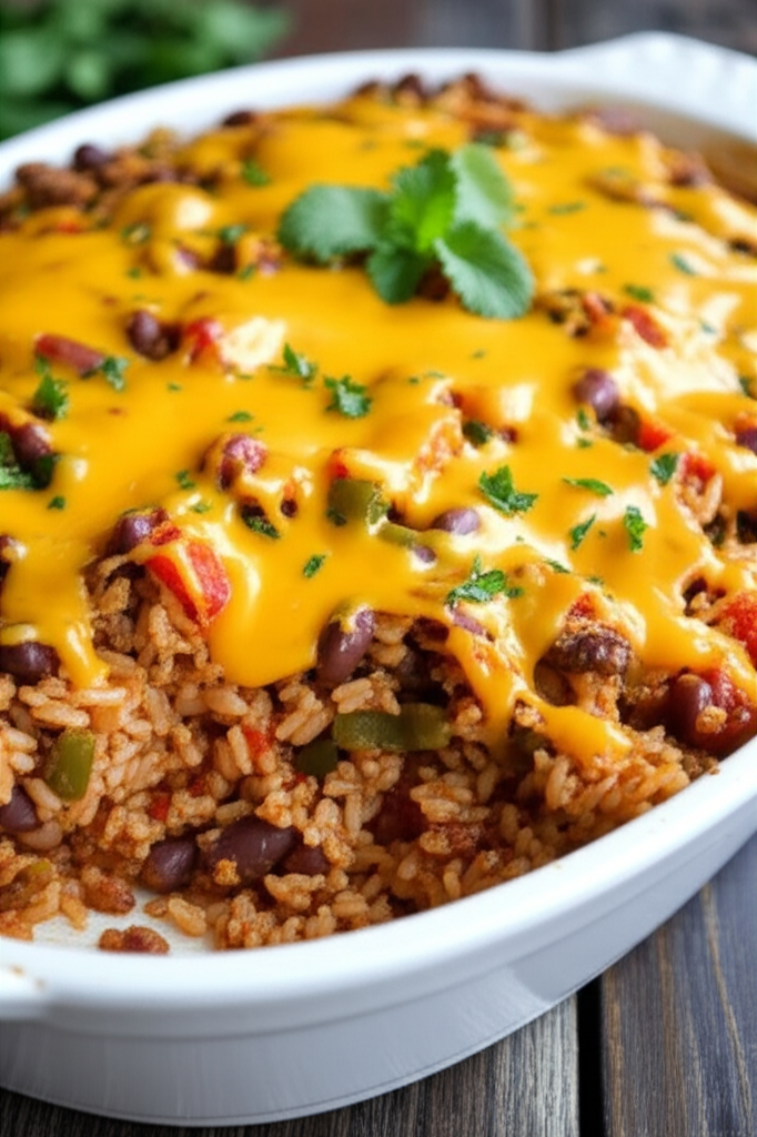 Baked Mexican rice casserole with melted cheese, beans, peppers, and cilantro garnish.