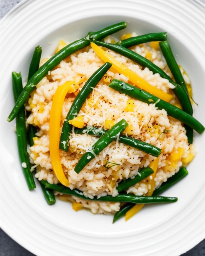 Creamy risotto with green beans and yellow bell pepper in a white bowl, sprinkled with cheese.