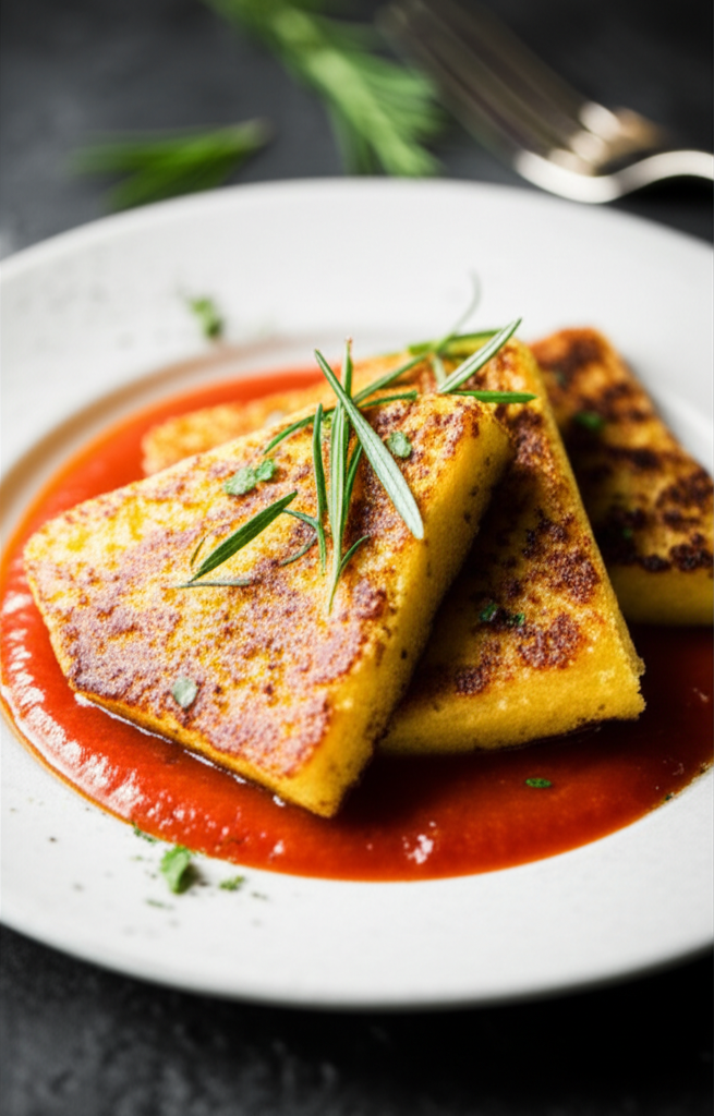 Fried polenta triangles on a white plate, served with red sauce and garnished with fresh rosemary.
