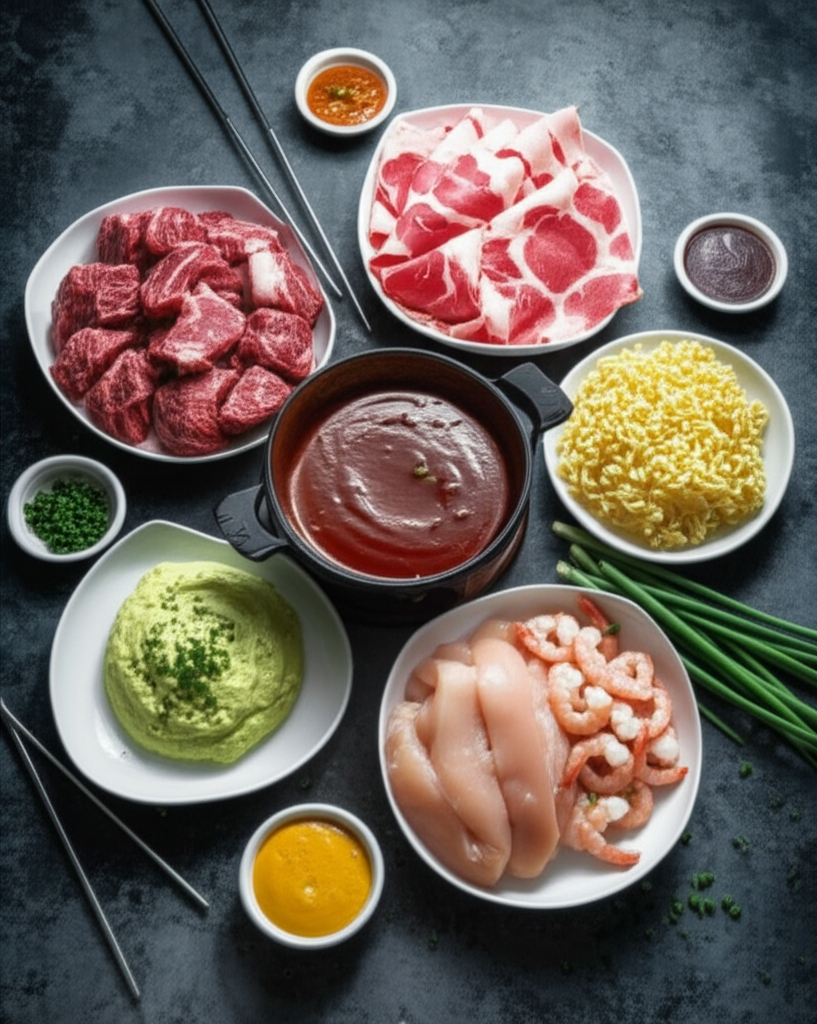 Fondue meal ingredients: raw beef cubes, sliced meat, chicken, shrimp, noodles, sauces, and green onion.