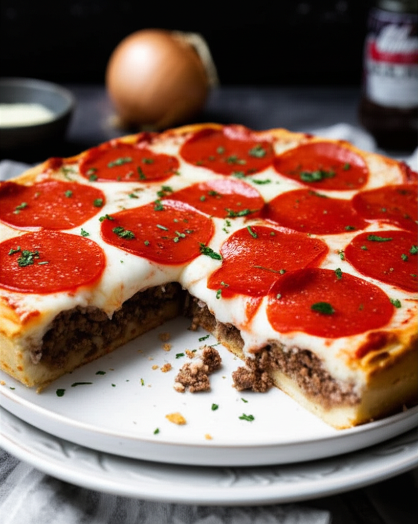 Upside-down pizza on a plate, cut to show layers of crust, ground meat, mozzarella, and pepperoni.