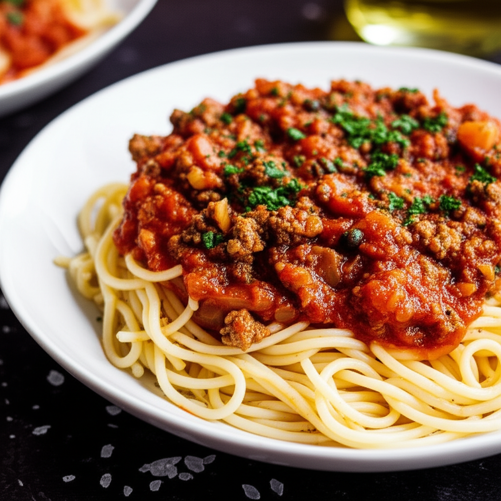 Spaghetti topped with a rich, red meat sauce and sprinkled with fresh green herbs, served on a white plate.
