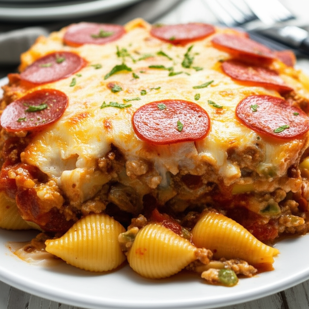 Slice of Italian casserole with melted cheese, pepperoni topping, and shell pasta on a white plate.