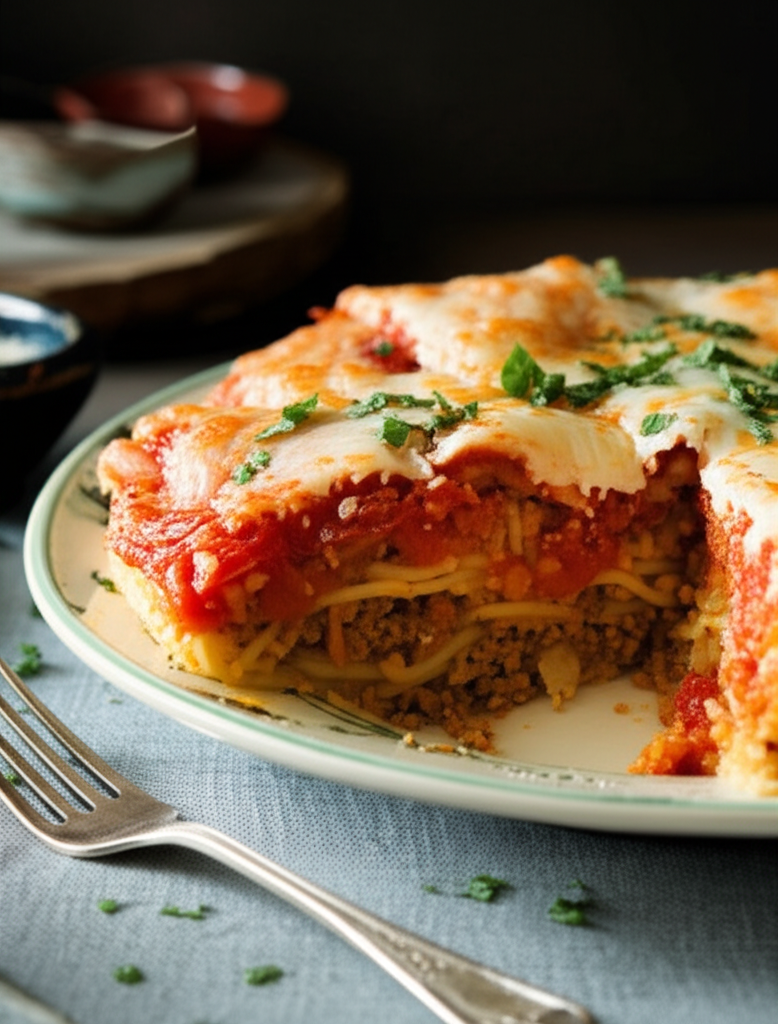 Spaghetti pie with ground meat, tomato sauce, and melted cheese, garnished with parsley, served on a plate with a fork.