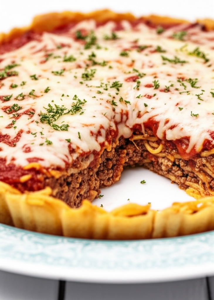 Spaghetti pie with a slice cut out, showing layers of pasta, meat, and tomato sauce, topped with melted cheese and parsley.