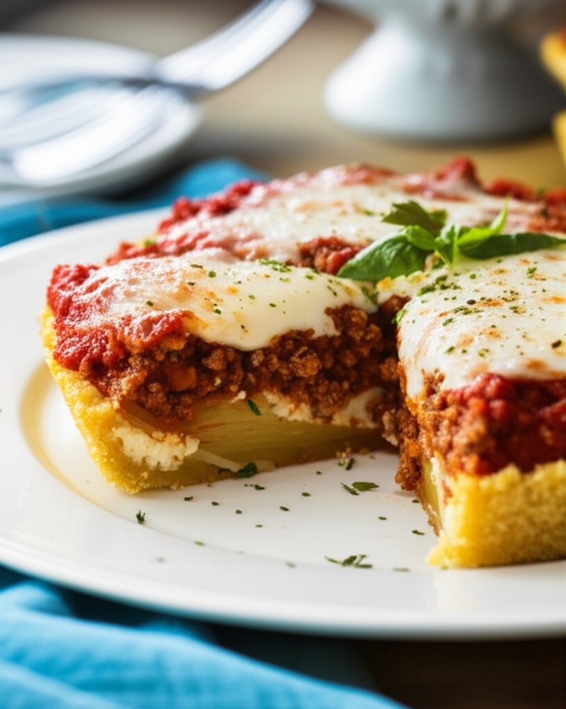 Slice of spaghetti pie on a white plate, topped with meat sauce, melted cheese, and basil.