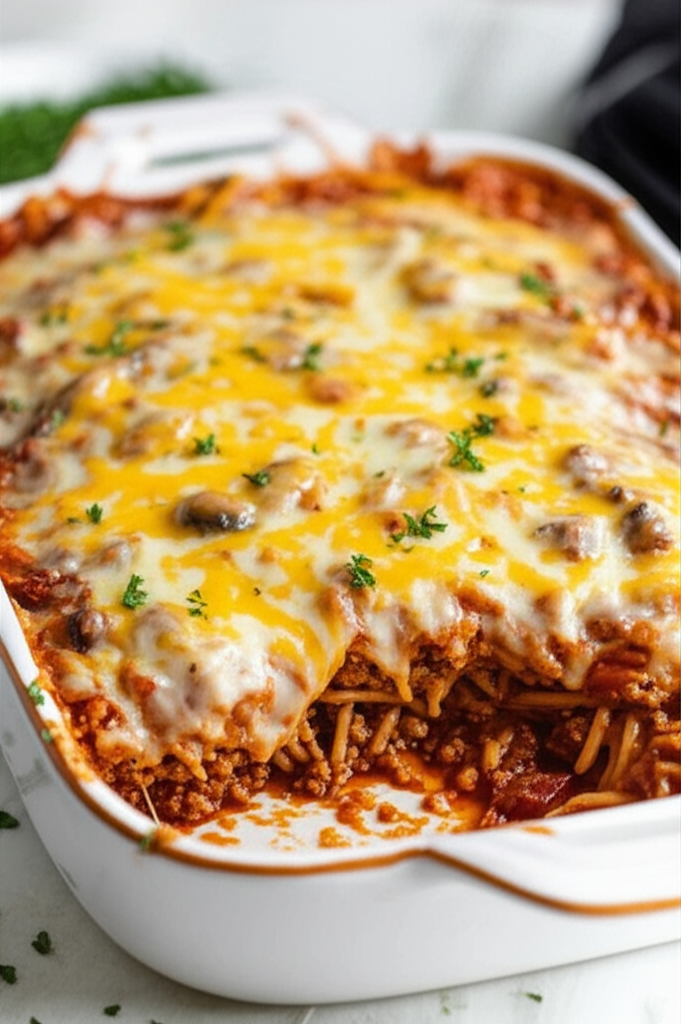 Baked spaghetti casserole with meat sauce and melted cheese in a white dish, garnished with parsley.