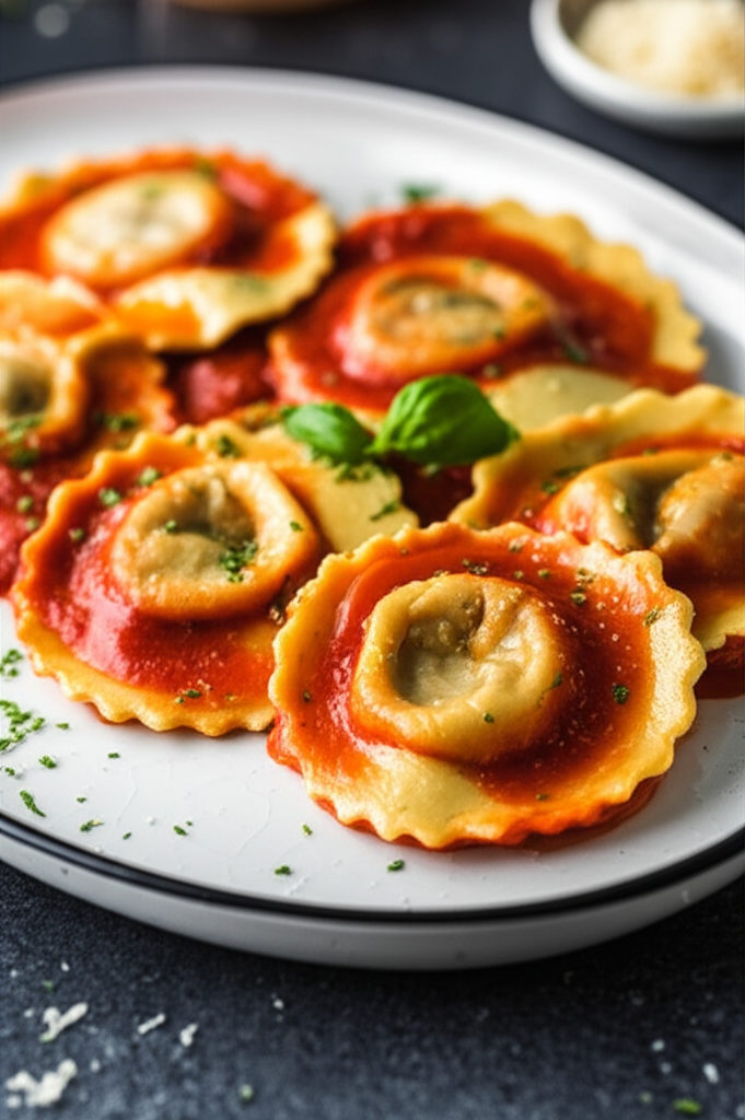 Plate of ravioli with tomato sauce, garnished with basil.