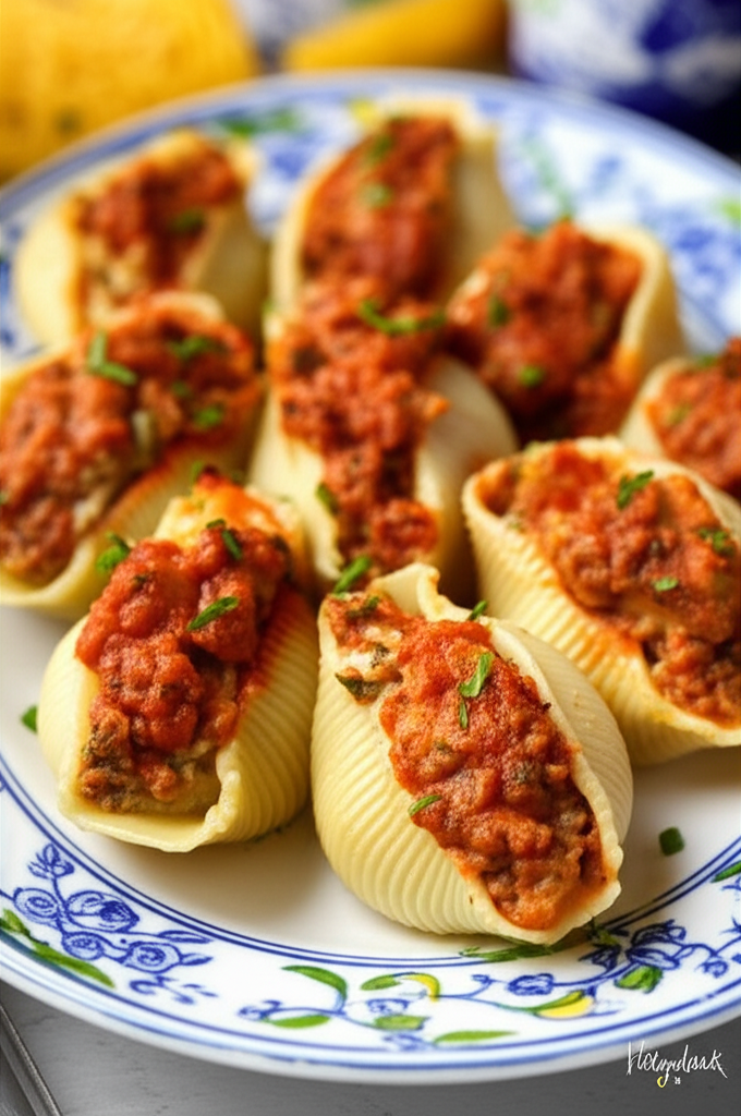 Stuffed seashell pasta with meat sauce, garnished with herbs, served on a blue and white patterned plate.