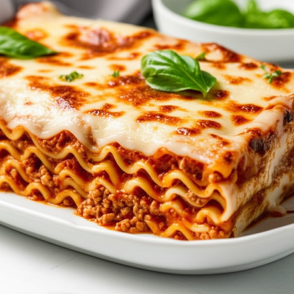 Baked lasagne with melted cheese, layered pasta, meat sauce, and basil garnish on a white plate.