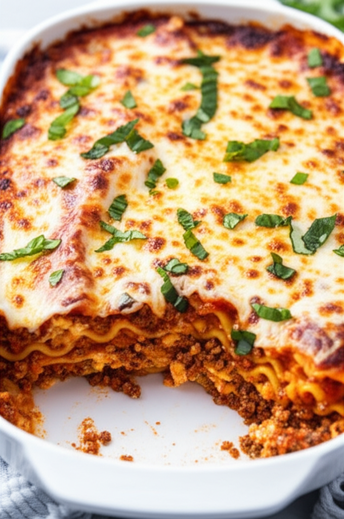 Baked lasagna in a white dish, layered with meat sauce and melted cheese, garnished with basil.
