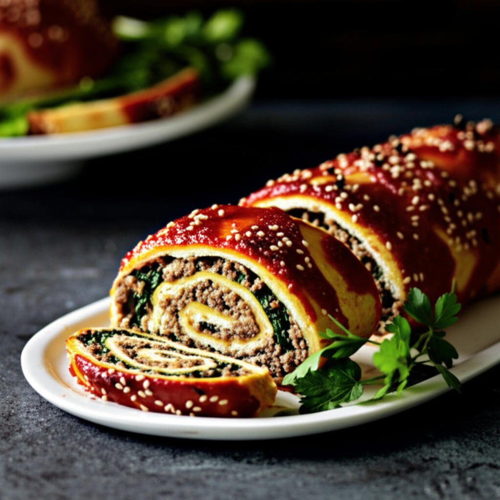 Sliced rollasagna on a white plate. Layers of pasta, meat, and spinach, topped with red sauce and sesame seeds.