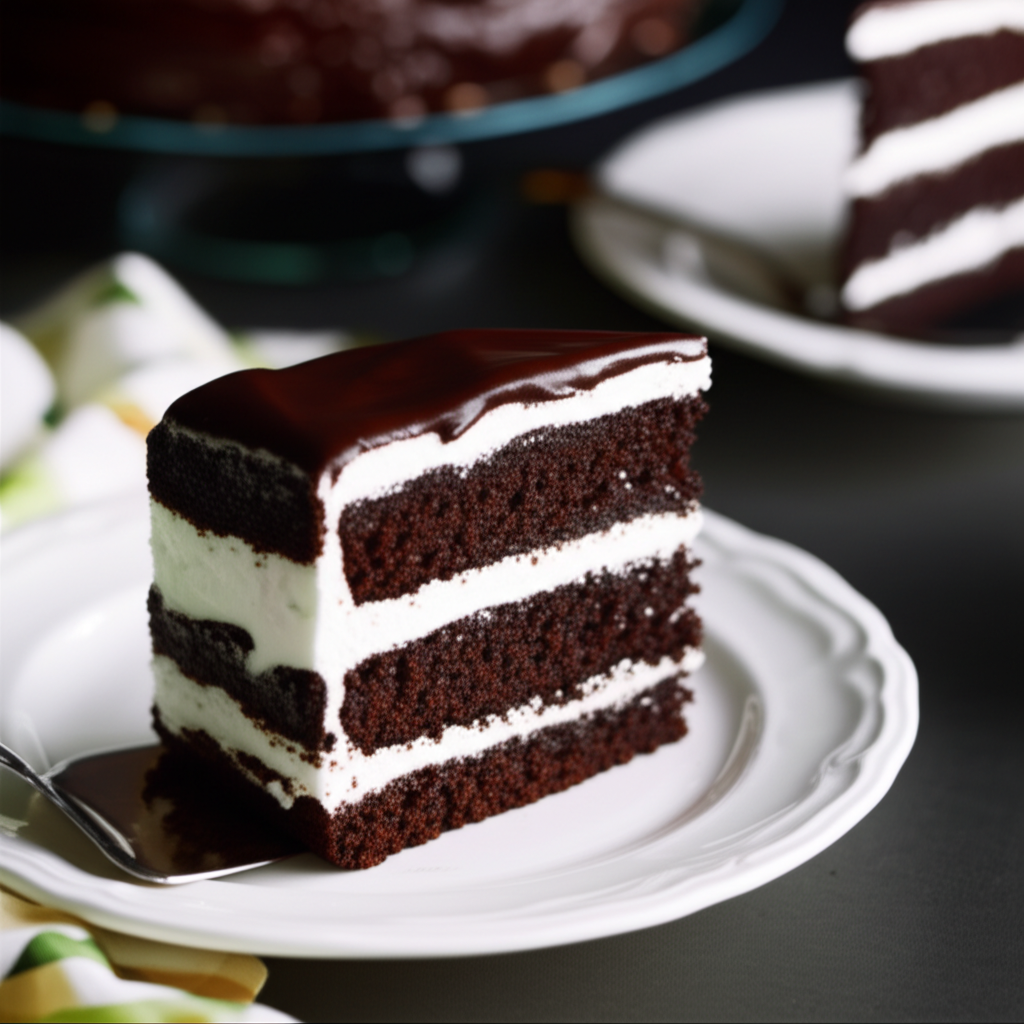 Slice of chocolate cake with whipped cream layers and chocolate ganache on a white plate.