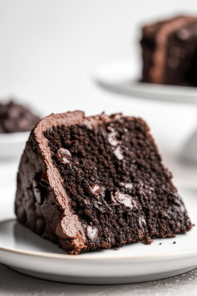 Slice of moist chocolate chip cake on a white plate, showing crumb texture and chocolate chips.