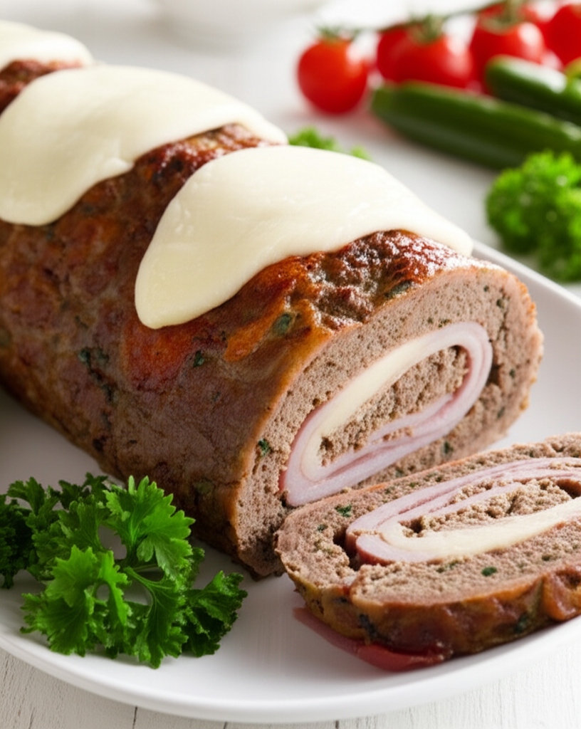 Sliced meat roll with ham and cheese filling, topped with melted cheese, on a white plate.