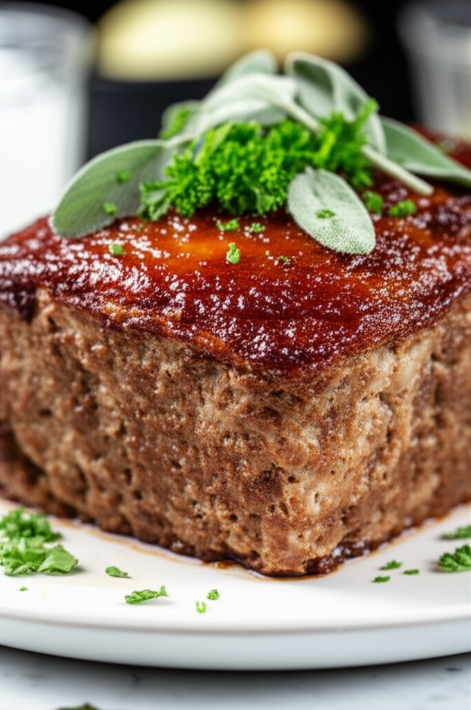 Glazed meatloaf on a white plate, garnished with fresh parsley and sage.