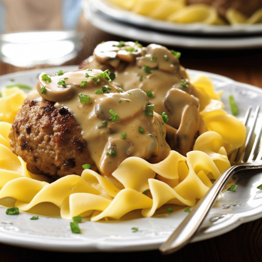 Two meatloaf patties with mushroom sauce, served over egg noodles and garnished with parsley.
