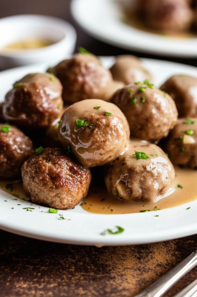 Plate of Swedish meatballs in gravy, garnished with chopped parsley.