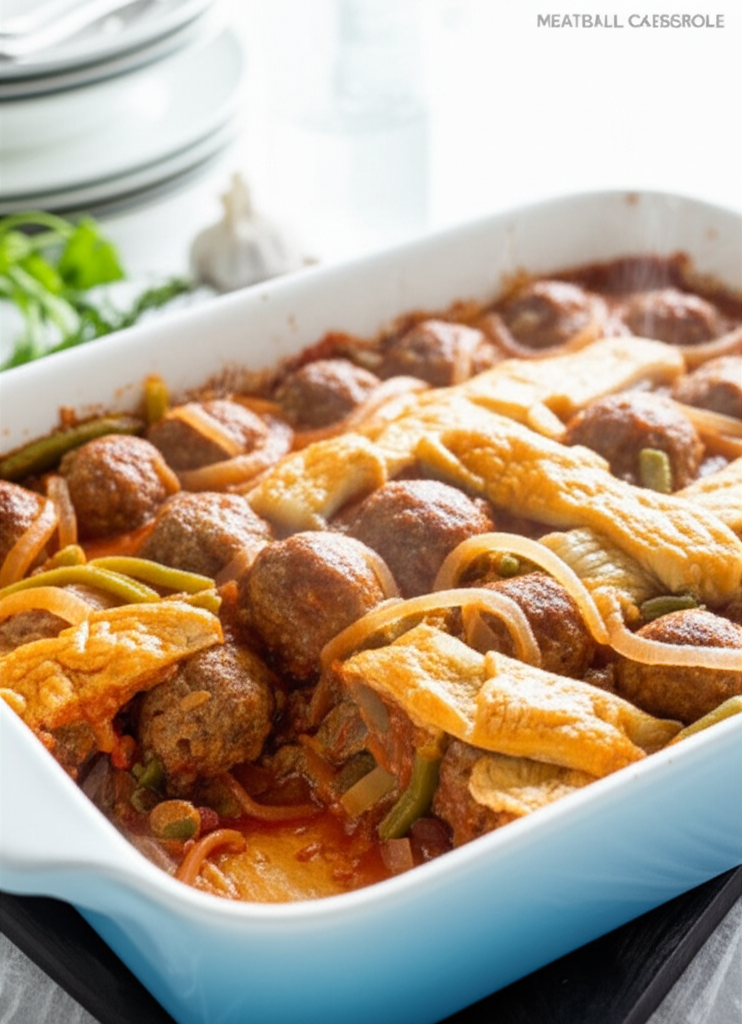 Meatball casserole in a blue dish, with pasta, onions, and green beans in tomato sauce.