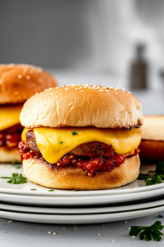 Pizza burger: sesame bun, meat patty, pizza sauce, melted cheese.