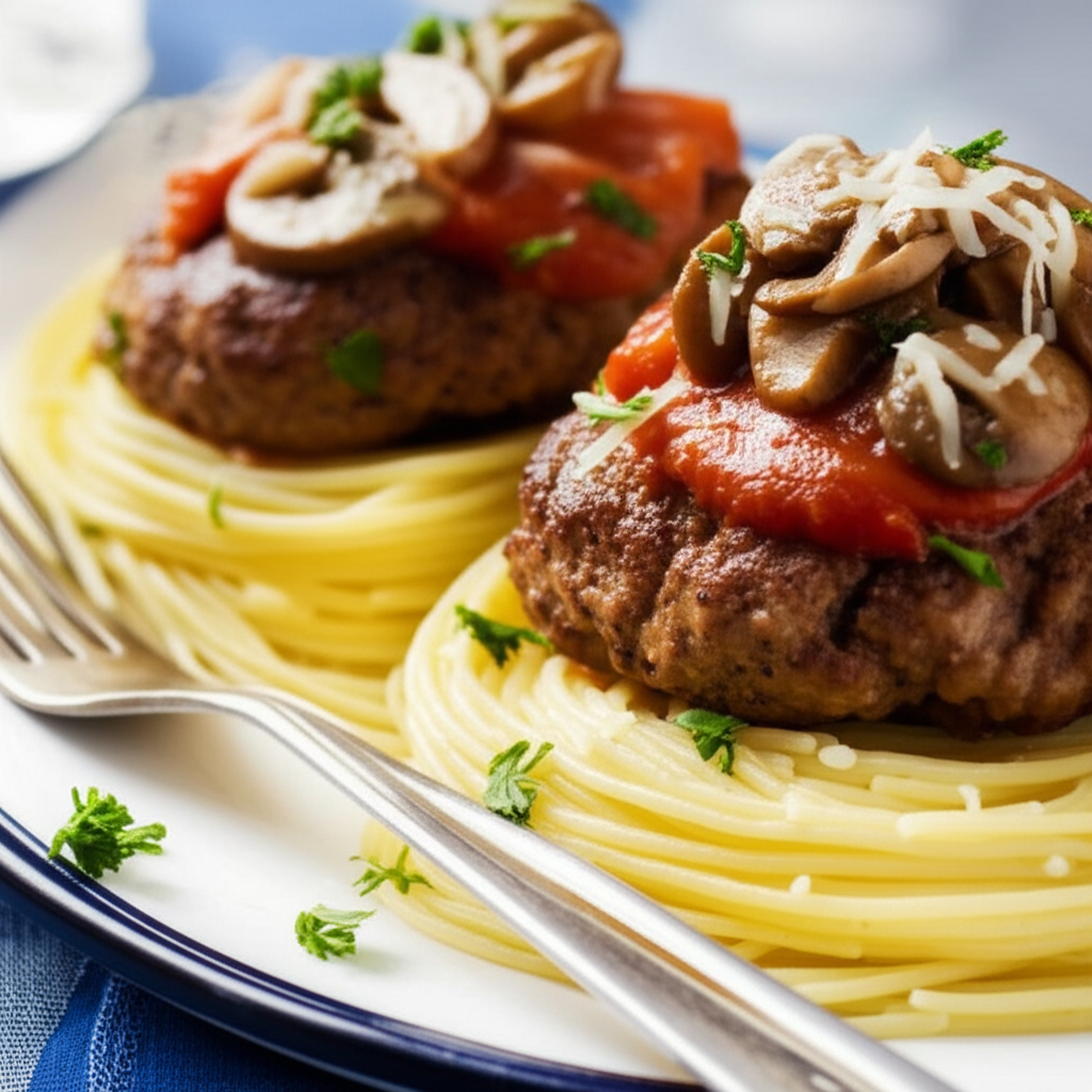 Two scalopini burgers on spaghetti, topped with tomato sauce, mushrooms, and shredded cheese.