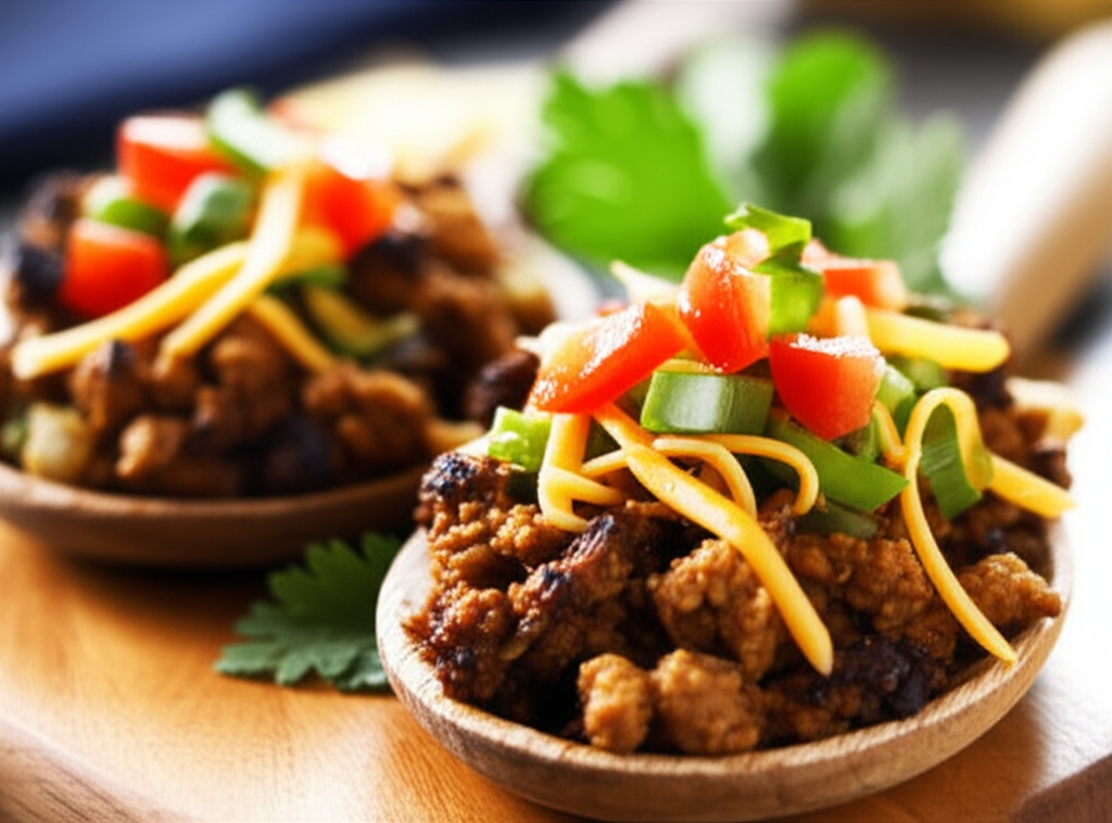 Seasoned taco filling in wooden bowls, topped with shredded cheese, diced tomatoes, and green onions.