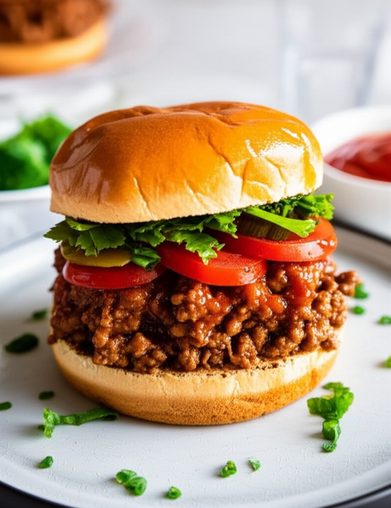 Sloppy Joe on a bun with lettuce, tomato, and pickles, served on a white plate.
