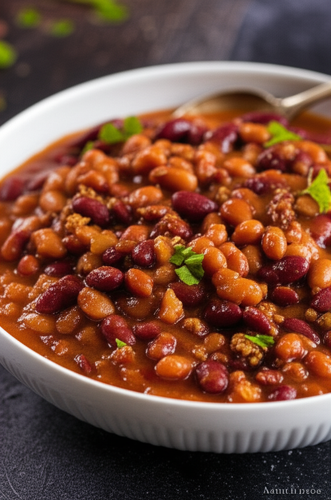 Bowl of ranch beans with ground meat, garnished with parsley.