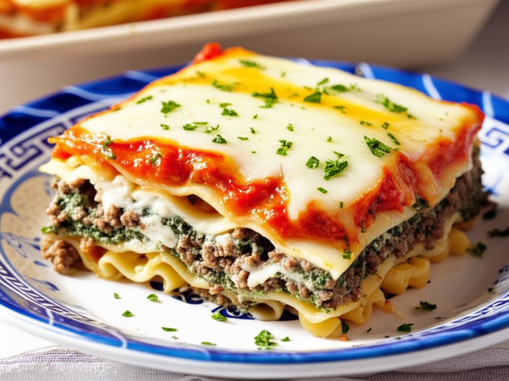 Layered Florentine lasagna with pasta, meat, spinach, tomato sauce, and melted cheese on a blue patterned plate.