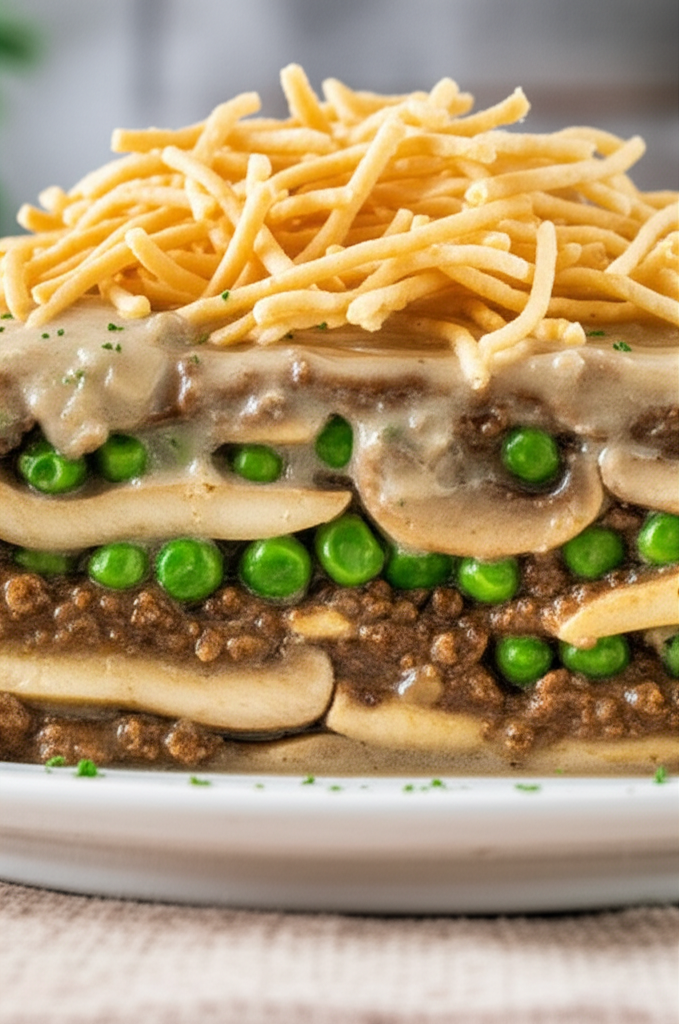 Layered casserole with beef, peas, mushrooms, gravy, and crispy chow mein noodles on top.