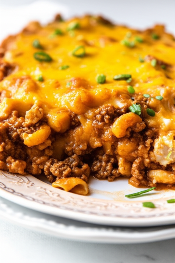 Sloppy Joe casserole on a plate. Ground beef, macaroni, and melted cheddar cheese, garnished with green onions.