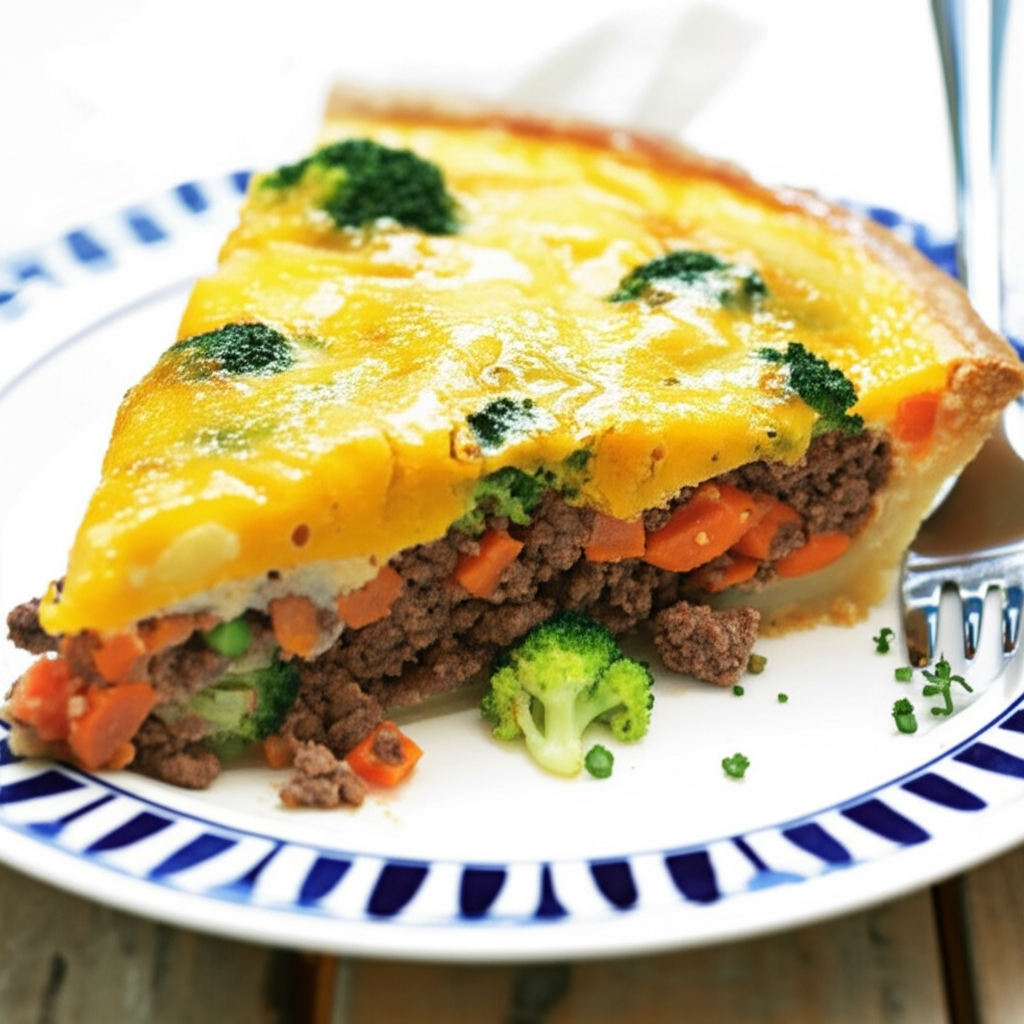 Slice of ground beef and vegetable pie with golden crust, topped with broccoli, on a blue-and-white plate.