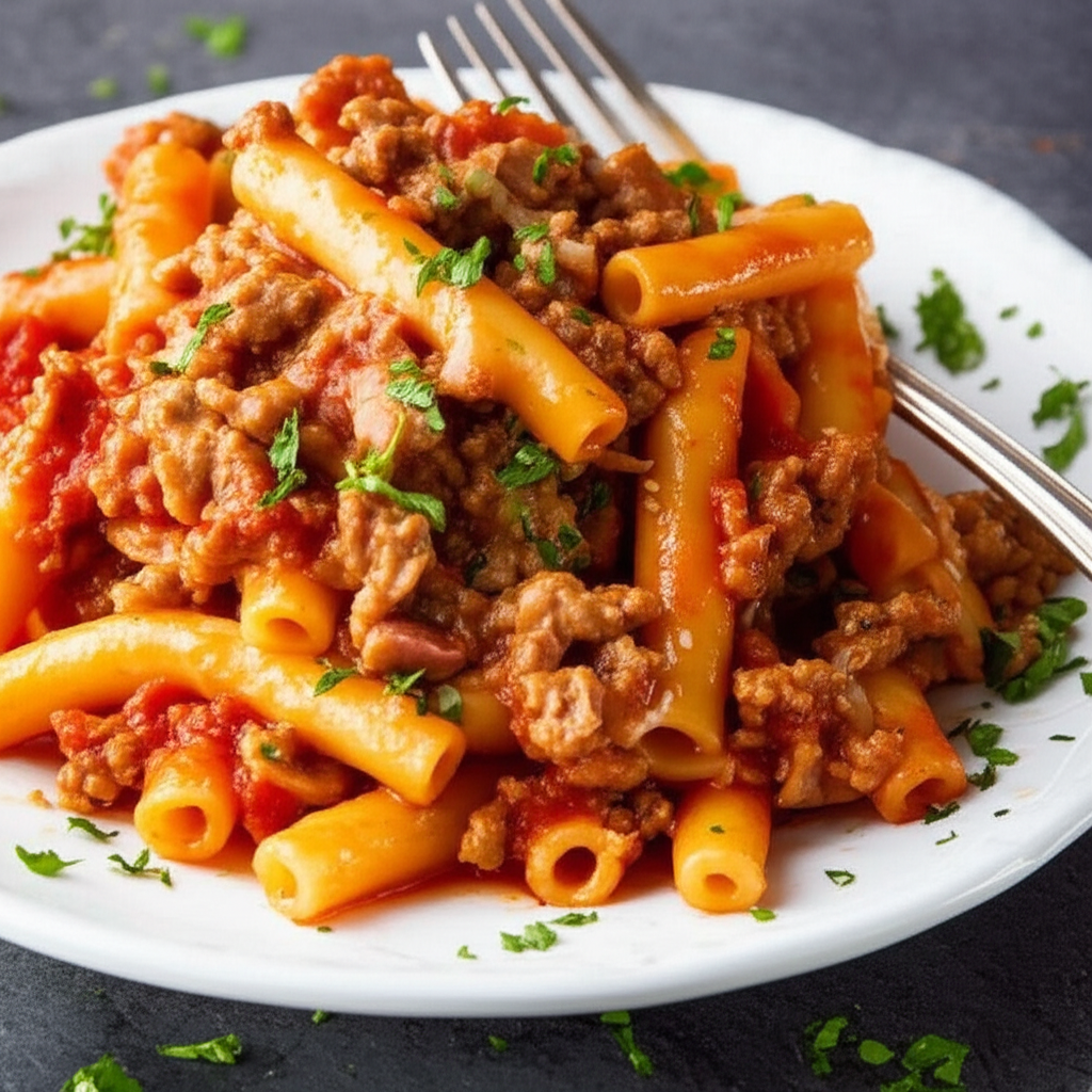 Johnnie Marzetti on a white plate: baked rigatoni pasta with ground beef, tomato sauce, and parsley garnish.