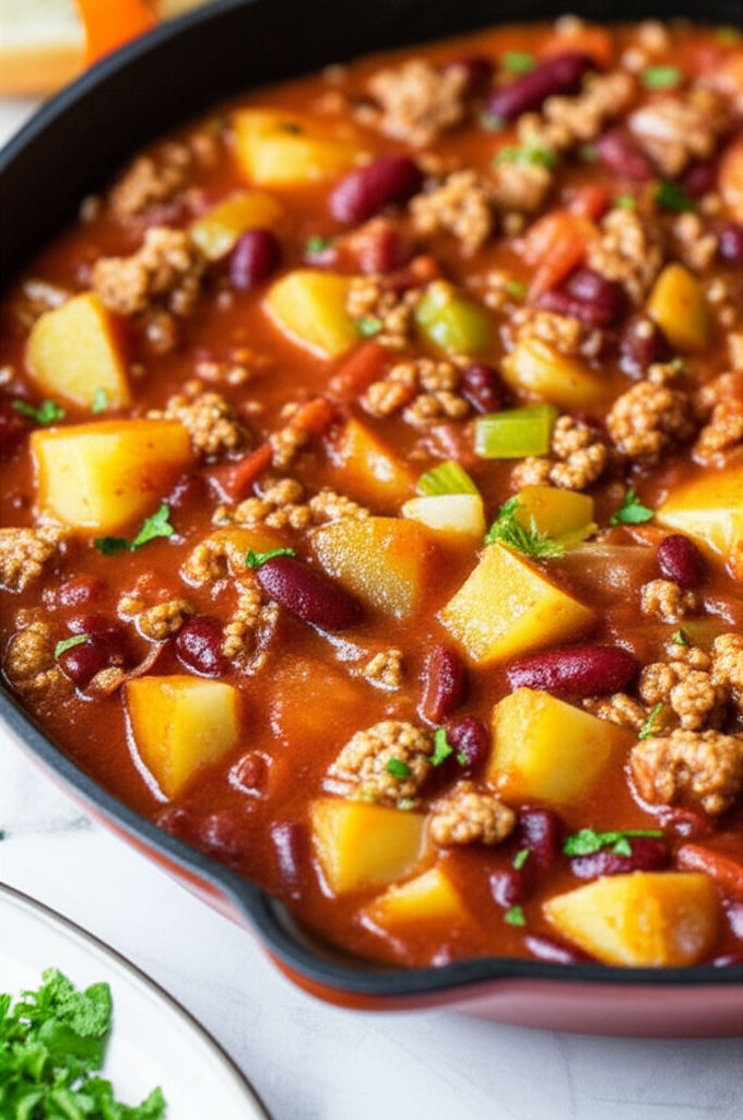 Skillet casserole with potatoes, kidney beans, ground meat, and herbs in a rich tomato sauce.