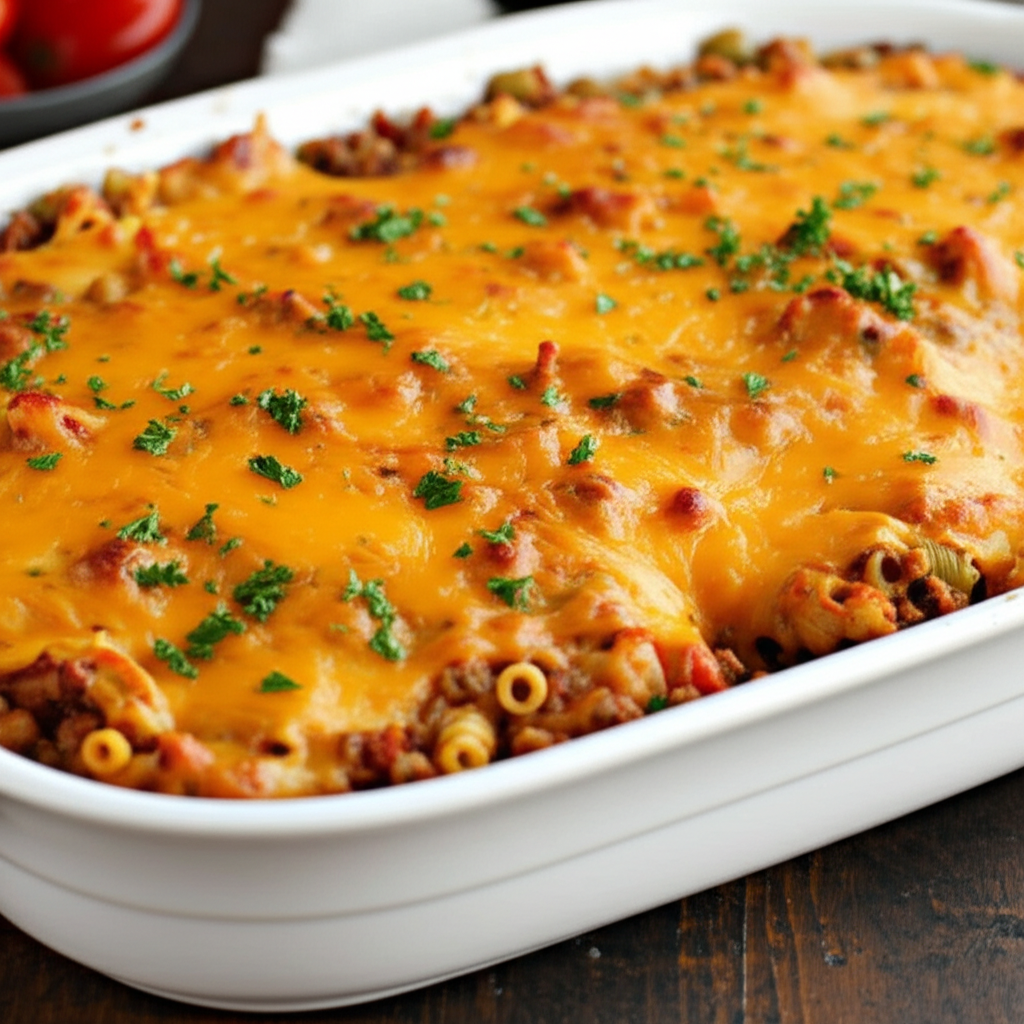 Baked noodle casserole in white dish, topped with melted cheddar cheese and parsley.