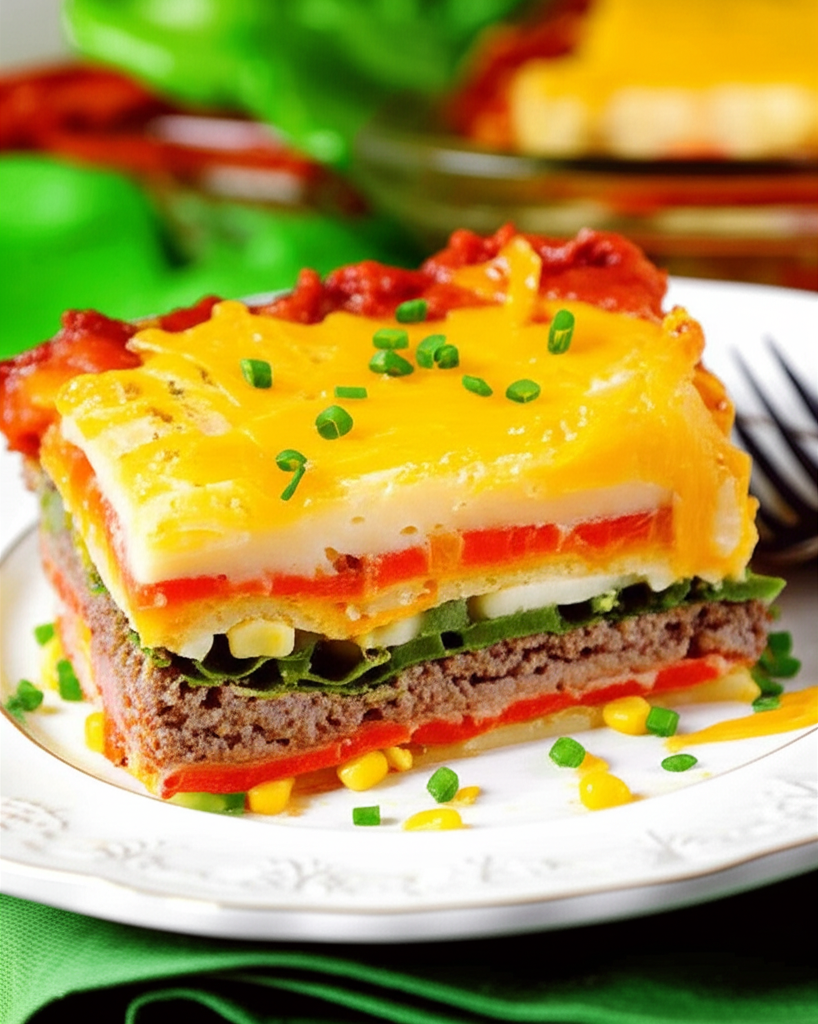 Layered supper slice: ground beef, corn, peppers, spinach, egg, mashed potato, cheese, and tomato topping.