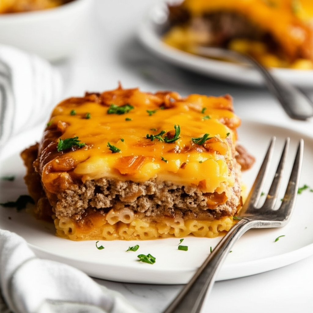 Square slice of upside-down casserole: pasta, ground beef, and melted cheese, garnished with parsley on a white plate.